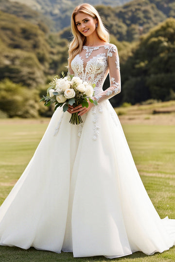 Manches longues lvory A Line Dentelle Applique Robe de mariée